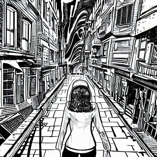 Prompt: young slender girl with headphones in densely packed city street from behind, psychedelic 70s comic book artstyle