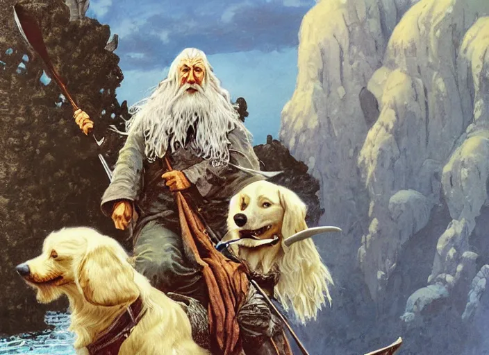 Image similar to Highly detailed oil painting of Gandalf the White riding a dachshund, intricate artwork by Angus McBride, John Howe, Matthew Stewart, Ted Nasmith, heroic fantasy