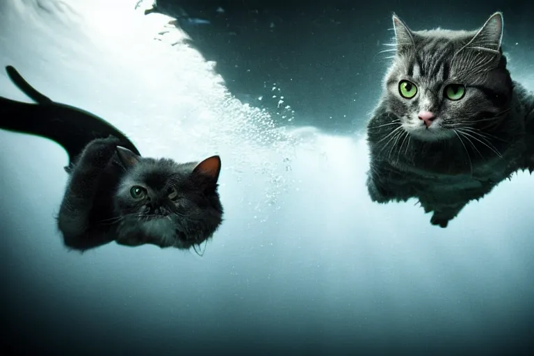 Image similar to a cat dressed as a scuba diver swimming underwater, photo-realistic low lighting, creepy, vast, shot by a camera,