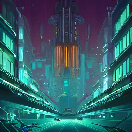 Prompt: beautiful painting of a bioluminescent art-deco metropolis under the ocean in the style of Simon Stålenhag and H. R. Giger