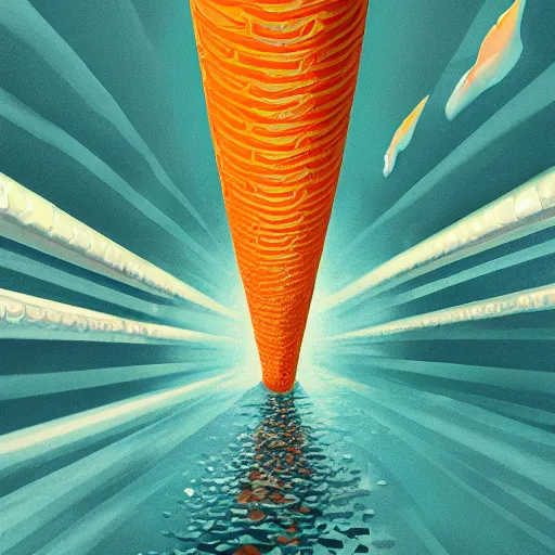 Image similar to orange and white striped traffic cone with 5 rows of shark teeth breaking through the cracks, ocean background detailed atmospheric - ron cheng & alphonse mucha, highly detailed, digital painting, ray tracing, concept art, illustration, smooth sharp focus, intricate, symmetry, artstation,