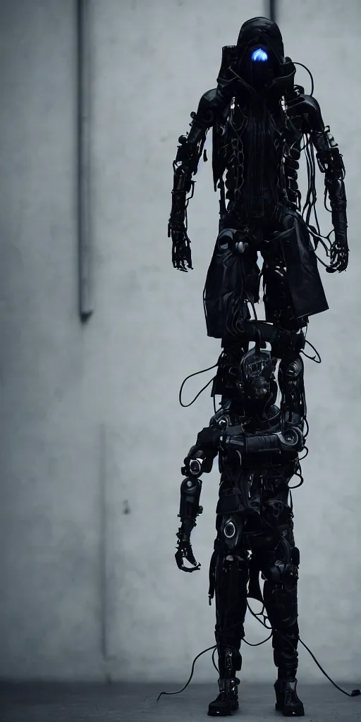 Image similar to healthgoth cyborg, dark techwear fashion, cables, cyberpunk, hyper realistic, tsutomu nihei, cryengine, 8 k, full character, toha heavy industries, rick owens, boris bidjan saberi