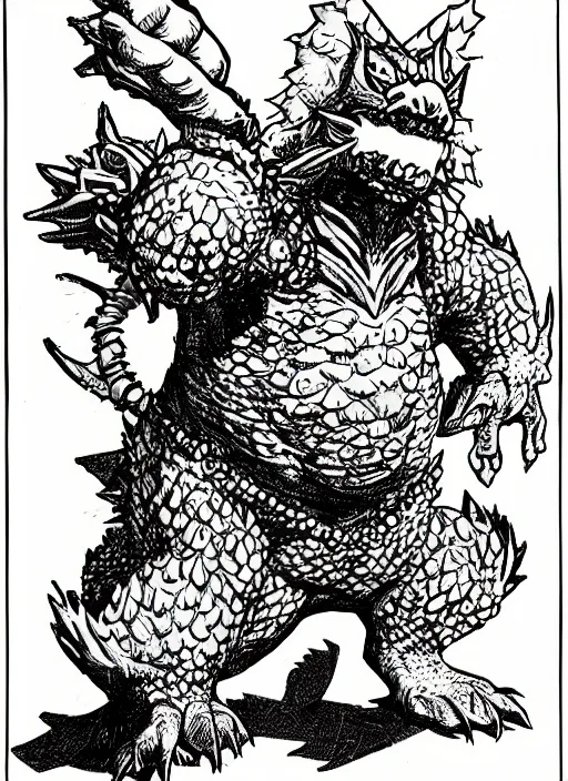 Image similar to bowser/king koopa as a D&D monster, full body, pen-and-ink illustration, etching, by Russ Nicholson, DAvid A Trampier, larry elmore, 1981, HQ scan, intricate details, Monster Manula, Fiend Folio