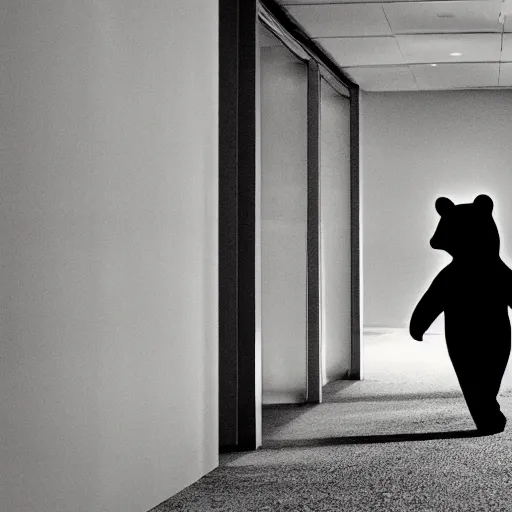 Image similar to dark photograph of a small bear mascot walking through a large wooden doorway