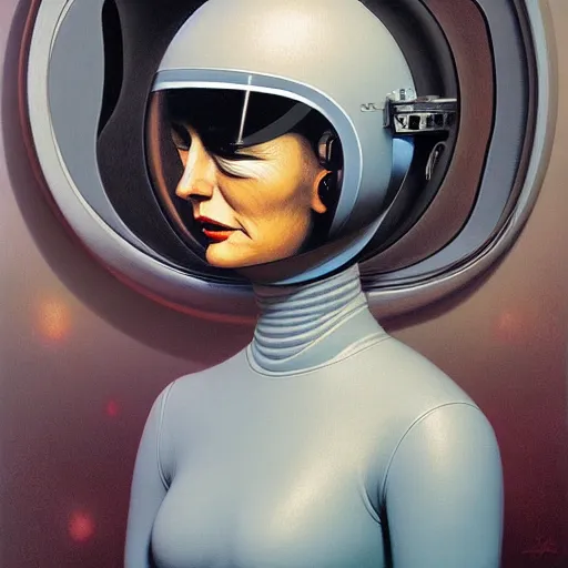 Image similar to portrait of an astronaut lady woman wearing helmet with tight black latex dress tight suit, Edward Hopper and James Gilleard, Zdzislaw Beksinski, Mark Ryden, Wolfgang Lettl highly detailed