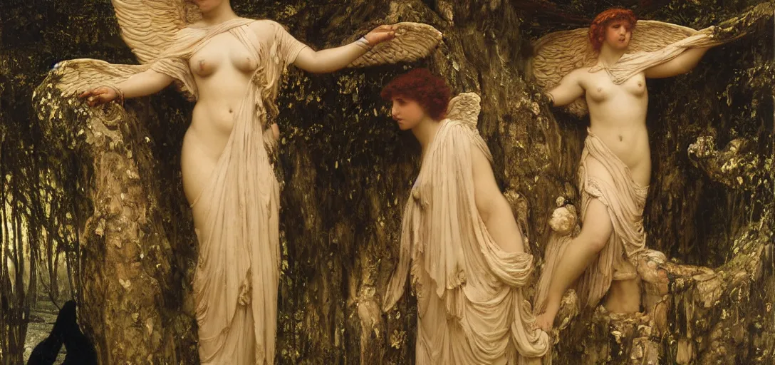 Prompt: angel emerging from veil of darkness by herbert james draper, sir lawrence alma - tadema, john william godward. oil painting on wood. 1 8 9 6