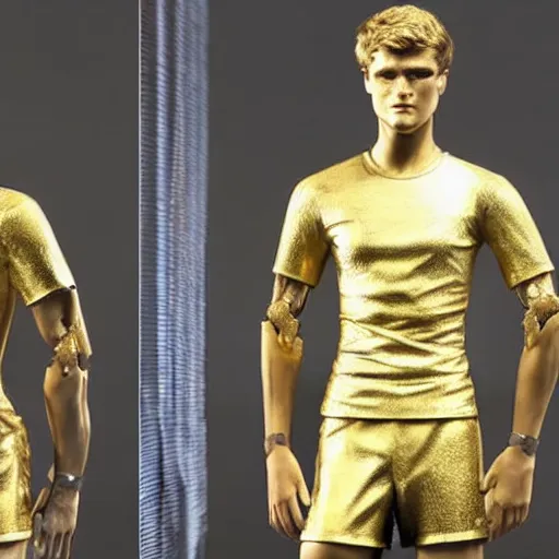 Image similar to a realistic detailed photo of a guy who is an attractive humanoid who is half robot and half humanoid, who is a male android, soccer players martin ødegaard & timo werner, shiny skin, posing like a statue, blank stare, in a factory, on display, showing off his muscles, gold soccer shorts, side view, looking at each other mindlessly