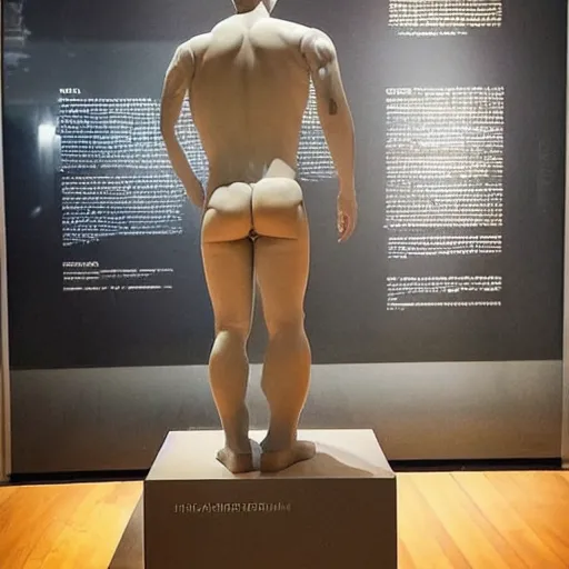 Image similar to “a realistic detailed photo of a guy who is an attractive humanoid who is half robot and half humanoid, who is a male android, actor Liam Hemsworth, shiny skin, posing like a statue, blank stare, at the museum, on display”