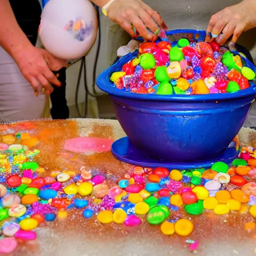 Image similar to A candy-maker melts down her creations in a cauldron that is made up of different types of sweets. It looks like an old-fashioned cauldron made out of sugar, candy, gumdrops, and other sweet treats. In the center, there is a large crystal ball floating above it with various kinds of candies on top of it. The candies move around the ball. A small hole at the bottom lets steam escape from the cauldron.