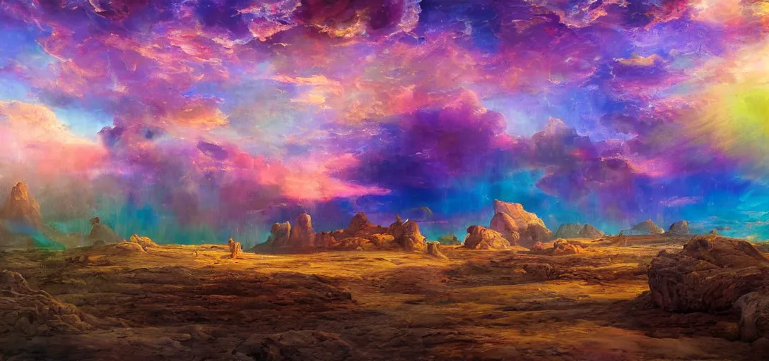 Prompt: beacons of soft light drifting above a desert, classical landscape painting, oil paints, giant ceramic pottery broken and submerged, highly detailed, lasers, late evening with pink light on the horizon, psychedelic colors, sharp details