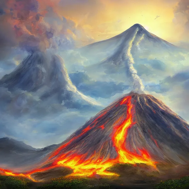 Image similar to a painting of a volcano from which come out flowers and stars exotic plants, all this happens in some kind of fantasy world, almost like in the sky or all in the amazing outdoors view, long exposure, 8 k resolution, trending on artstation