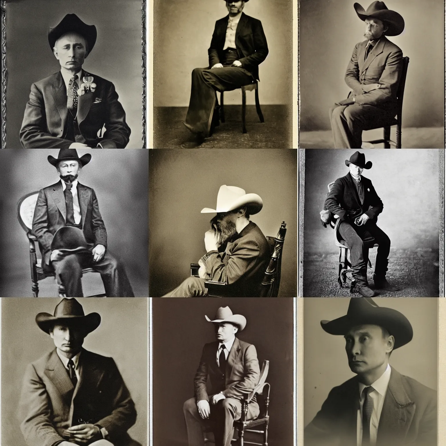 Prompt: vladimir putin sitting on a chair wearing a cowboy hat, sepia photography, old, 1 8 8 2, archive