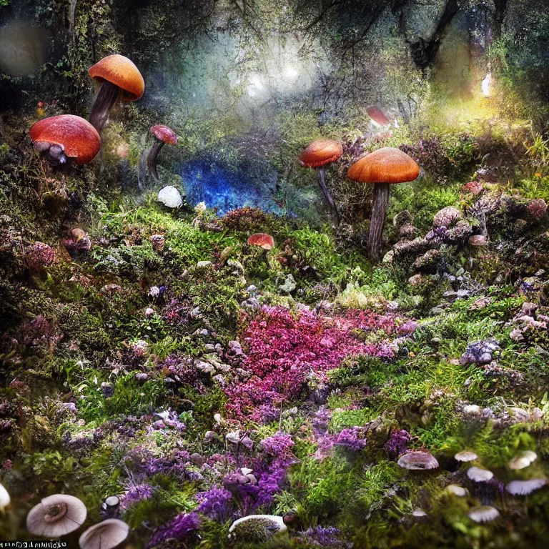 Image similar to a planet of various fungus, mushrooms, flowers and plants, inside the picture is infinity, Atmospheric, artistic photography, conceptual, long exposure outside the city, volumetric light