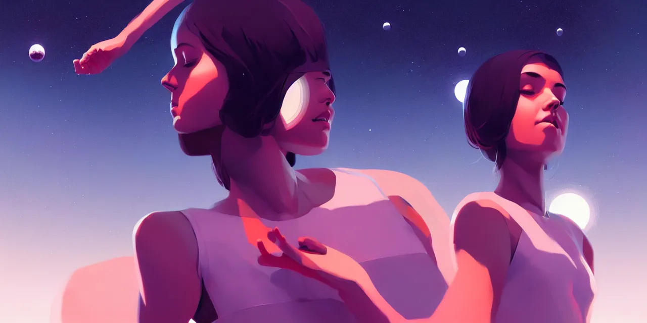 Image similar to girl in space, floating beside planets, symmetrical face and body, dynamic body pose, dynamic composition, detailed designs, digital painting, 4 k, by ilya kuvshinov, by greg rutkowski, atmospheric lighting