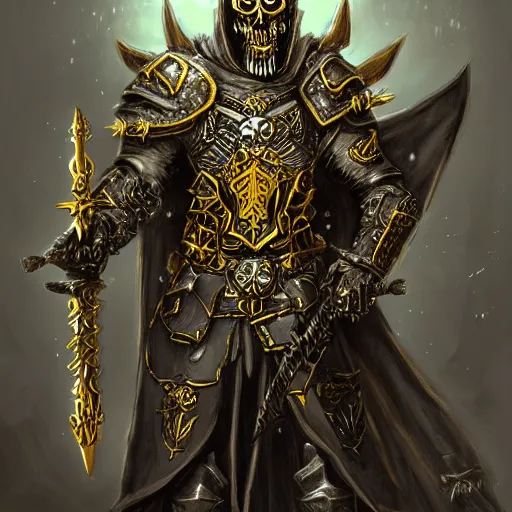 Image similar to lich king wearing black and gold armor with skulls and chains, holding a two handed long straight sword with golden handle, wearing spiked crown helmet with skull mask concept art artstation