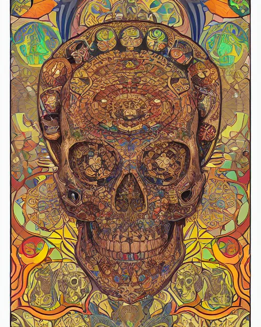 Prompt: skull carving art surrounded by varities of superhot chili peppers, cell shading, voronoi, fibonacci sequence, sacred geometry by Alphonse Mucha, Moebius, hiroshi yoshida, Art Nouveau, colorful, ultradetailed, vivid colour, 3d