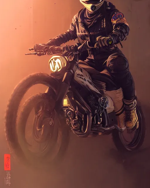 Image similar to koyto animation girl wearing cyberpunk intricate streetwear riding dirt bike, respirator, detailed portrait, cell shaded, 4 k, concept art, by wlop, ilya kuvshinov, artgerm, krenz cushart, greg rutkowski, pixiv. cinematic dramatic atmosphere, sharp focus, volumetric lighting, cinematic lighting, studio quality