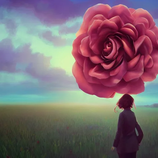 Image similar to giant rose flower head, frontal, girl in a suit, surreal photography, sunrise, dramatic light, impressionist painting, digital painting, artstation, simon stalenhag