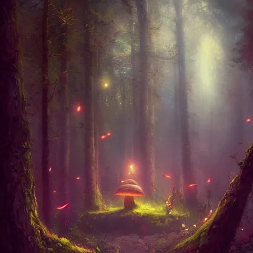 Image similar to enchanted forest full of magical mashrooms, fireflies, magical land, by greg rutkowski, trending on artstation