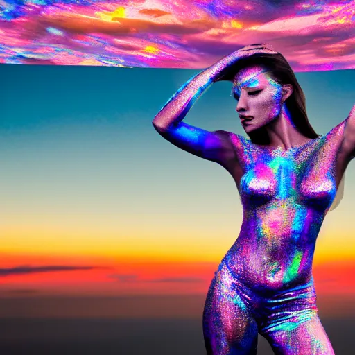 Image similar to portrait photo, a woman covered in intricate silver body paint and a purple florescent bikini inside an iridescent bubble floating above beautiful colorful pink sunset clouds, surrealism, dreamlike, artistic