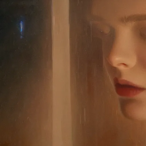 Image similar to silhouette of a Elle Fanning gazing at the stormy ocean, extremely detailed masterpiece, oil on canvas, low-key neon lighting, Blade Runner 2049, Roger Deakin’s cinematography, artstation, by J. C. Leyendecker and Peter Paul Rubens,