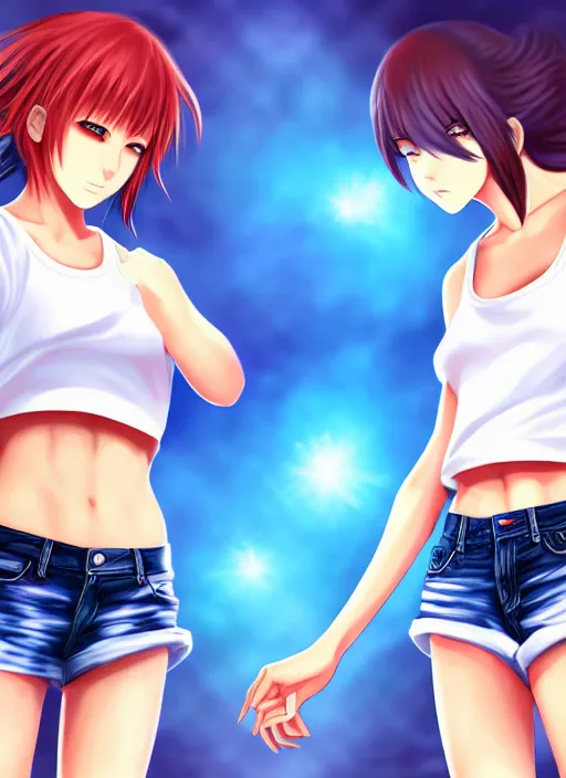 Prompt: two beautiful identical female fighters facing each other, jean shorts, white top, dim lighting, gorgeous features, high resolution, detailed digital anime art