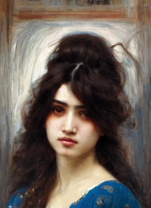 Image similar to beautifull asian cyborg broken head bangs curly Iranian orientalist portrait by john william waterhouse and Edwin Longsden Long and Theodore Ralli and Nasreddine Dinet, oil on canvas. Cinematic, hyper realism, dramatic lighting, high detail 4k