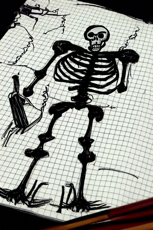 Prompt: silly drawing of a half life skeleton with a crowbar and gordon freeman hair on lined notebook paper