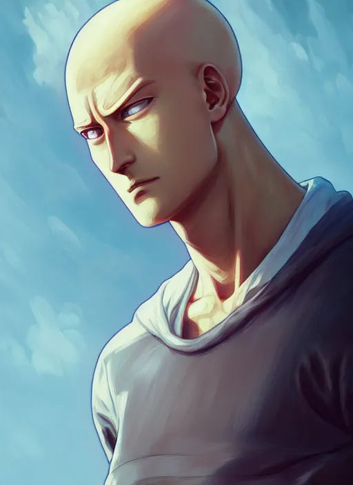 Prompt: handsome saitama, half body shot, path traced, fight scene, highly detailed, high quality, digital painting, alena aenami, lilia alvarado, shinji aramaki, karol bak, alphonse mucha, tom bagshaw