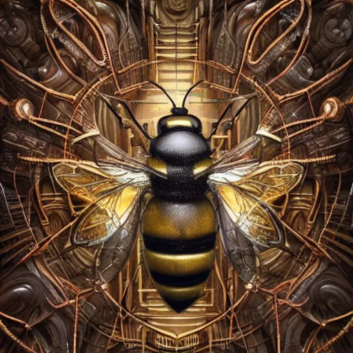 Prompt: A crisp 3d render of a robot Bee made of circuits wide view shot by ellen jewett , tomasz alen kopera and Justin Gerard symmetrical features, ominous, magical realism, texture, intricate, ornate, royally decorated, body format,windows, many doors, roofs, complete house , whirling smoke, embers, red adornements, red torn fabric, radiant colors, fantasy, trending on artstation, volumetric lighting, micro details, 3d sculpture, ray tracing, 8k