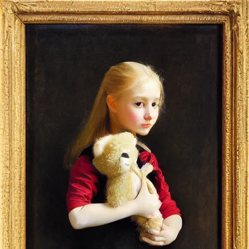 Prompt: “ blonde haired girl holding a stuffed animal, very detailed, oil painting, portrait, dark background, by john singer sargent ”