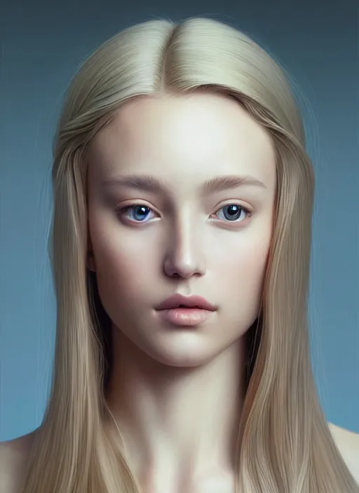 Image similar to symmetry!! portrait of young woman blessed with ever - increasing physical and mental perfection, slice - of - life, realism, luxurious long blonde hair, perfect face!! intricate, elegant, highly detailed, holy perfection!! digital painting, artstation, concept art, smooth, sharp focus, illustration, single subject, art by artgerm and greg rutkowski and alphonse mucha