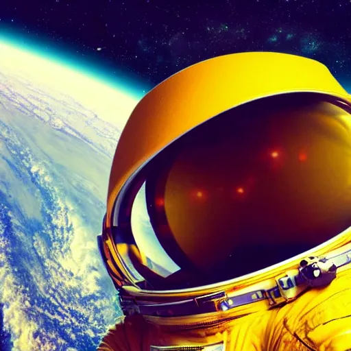 Image similar to astronaut in space, galactic background reflections on suit on one side and a yellow planet on the other side