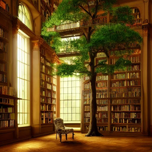 Prompt: a beautiful tall tree growing in the middle of an ancient Victorian library. a child reading a book. by Albert Bierstadt, ultra-realistic, 4K, featured on artstation