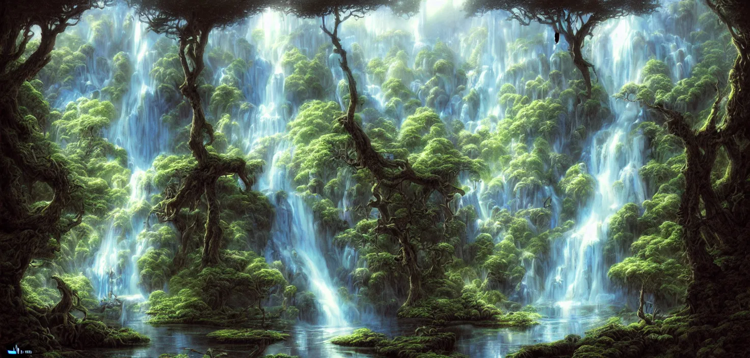 Image similar to a painting of a waterfall in a random magic forest, a detailed matte painting landscape by todd lockwood, deviantart, fantasy art, matte painting, matte drawing, airbrush art