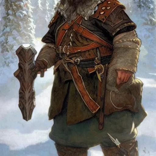 Image similar to Dwarven ranger. Epic portrait by james gurney and Alfonso mucha (lotr, witcher 3, dnd, dragon age, gladiator, scoia'tael).