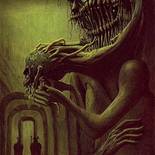 Prompt: paralyzed sleep beksinski, eldritch, apocalypse, creepy creature, horror spooky