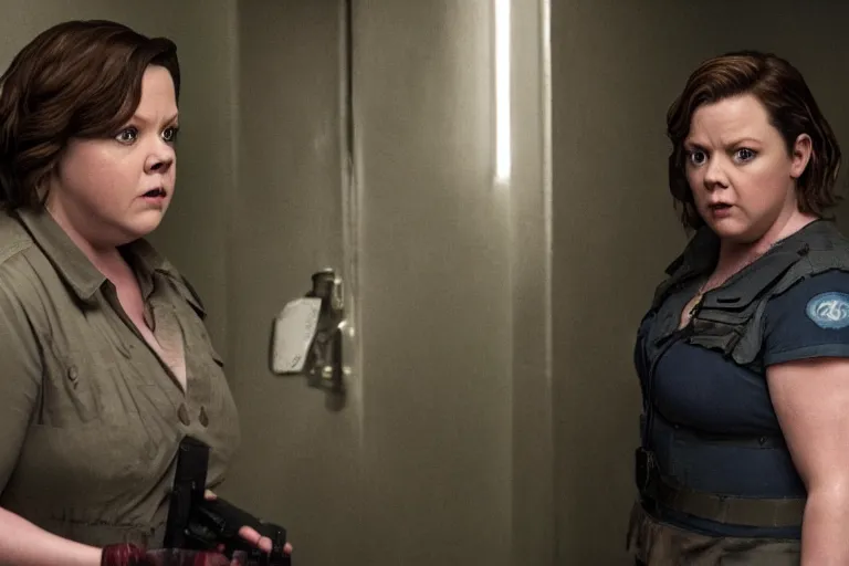 Prompt: Melissa McCarthy starring in Resident Evil, horror, cinematic style, realistic, 35mm