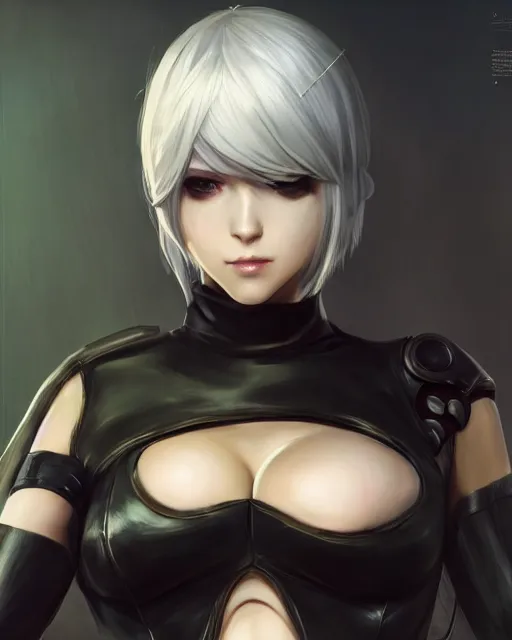 Prompt: full shot league of legends portrait of 2 b nier automata wearing a latex suit, au naturel, hyper detailed, digital art, trending in artstation, cinematic lighting, studio quality, smooth render, unreal engine 5 rendered, octane rendered, art style by klimt and nixeu and ian sprigger and wlop and krenz cushart.