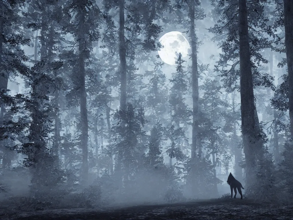 Image similar to a large wolf walking on a dark path through the forest at night under a full moon, 8 k, photorealism, digital illustration, unreal engine 5,