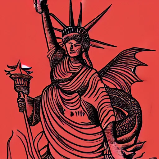 Prompt: Lady Liberty riding the red dragon of 龙