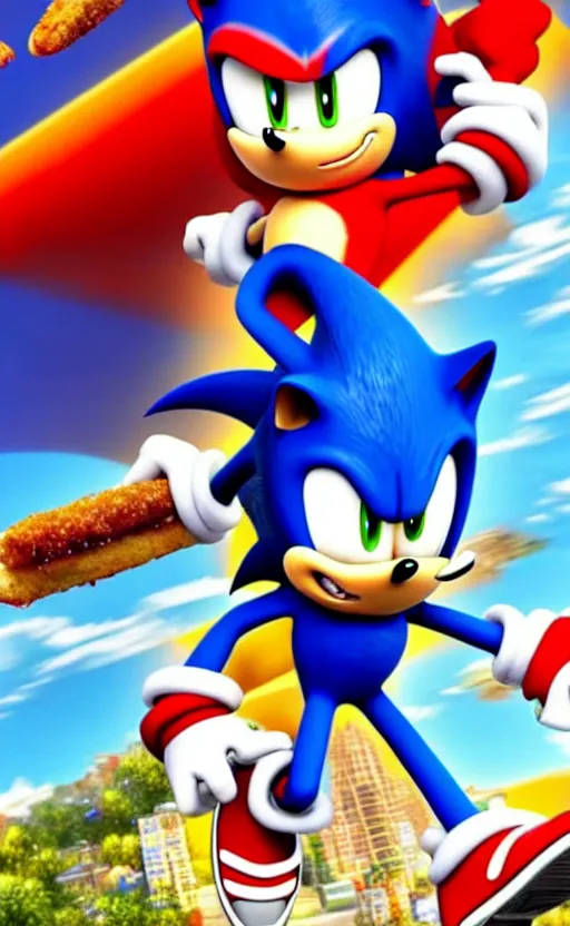 Prompt: super super super epic cinematic shot of sonic the hedgehog eating a chili dog, sonic unleashed, apotos day town, 8k miyazaki anime scene, green eyes, red shoes, ++++++ super super super dynamic, concept photos, dynamic lighting, dynamic shaders, sunny day, amazing quality