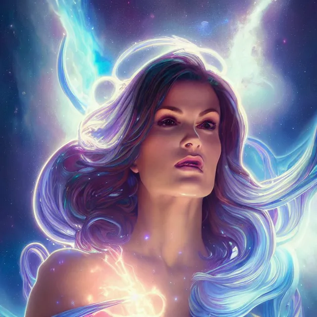 Prompt: close up portrait of beautiful alien lisa ann space goddess, symmetry!! ethereal glowing otherworldy blue skin, exploding nebula, and flowing glowing hair, subsurface scattering, artistic, art by artgerm, greg rutkowski and alphonse mucha, artstation, octane render,