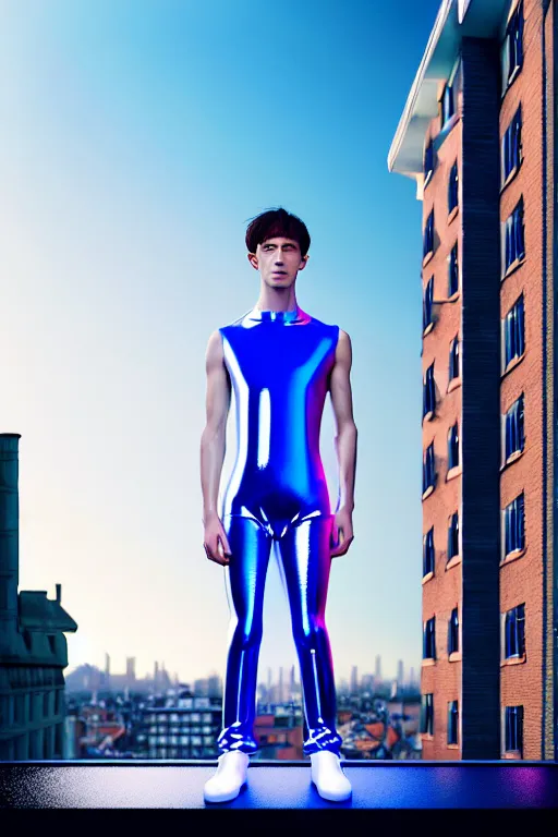 Image similar to un ultra high definition studio quality photographic art portrait of a young man standing on the rooftop of a british apartment building wearing soft baggy inflatable padded silver iridescent pearlescent clothing. three point light. extremely detailed. golden ratio, ray tracing, volumetric light, shallow depth of field. set dressed.