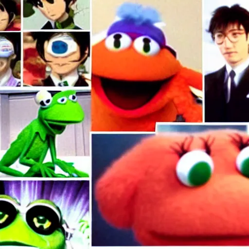 Image similar to Stills from the anime Neon Genesis Evangelion, Kermit the Frog from Sesame Street as an attacking angel