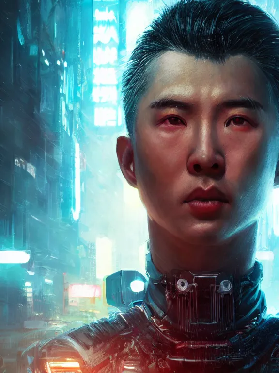 Image similar to portrait art of 8k ultra realistic retro futuristic samurai, lens flare, atmosphere, glow, detailed,intricate,blade runner, cybernetic, full of colour, cinematic lighting, trending on artstation, 4k, hyperrealistic, focused, extreme details,unreal engine 5, cinematic, masterpiece, art by ayami kojima, giger