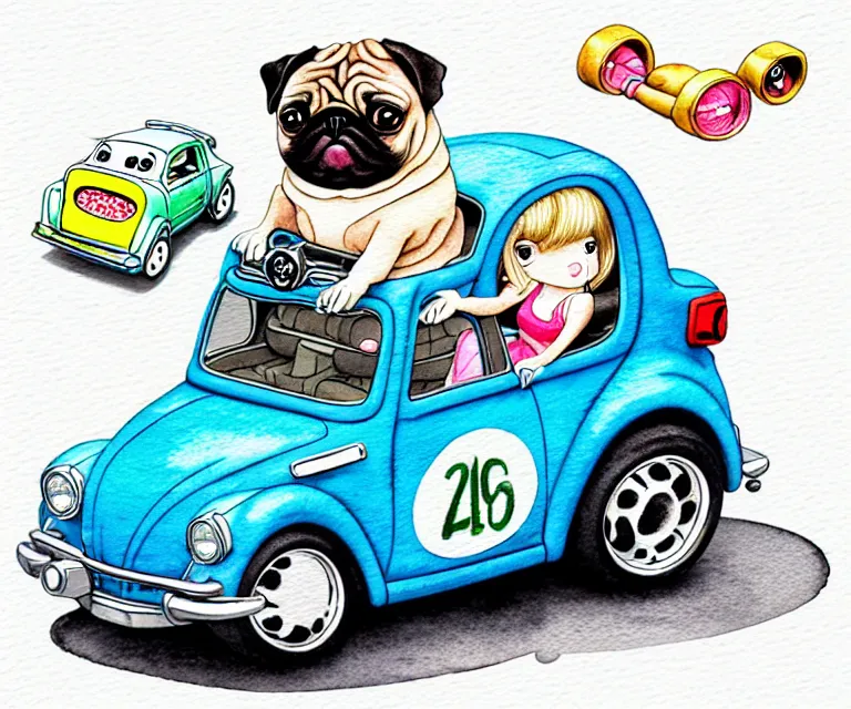 Prompt: cute and funny, pug riding in a tiny hot rod with oversized engine, ratfink style by ed roth, centered award winning watercolor pen illustration, isometric illustration by chihiro iwasaki, edited by range murata, tiny details by watercolor girl, symmetrically isometrically centered