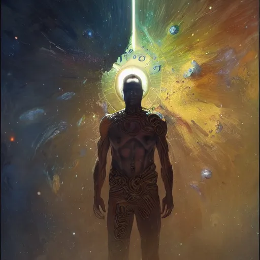 Image similar to an african!! cosmic god bending space time, watchmen, dim light, bloom, front game card, marvel comics, dark, intricate, highly detailed, smooth, artstation, digital illustration by ruan jia and mandy jurgens and artgerm and wayne barlowe and greg rutkowski and zdislaw beksinski, and adi granov