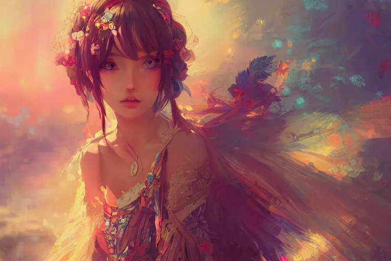 Image similar to a beautiful bohemian girl, intricate, highly detailed, digital painting, pixiv, official media, anime key visual, concept art, rich vivid colors, ambient lighting, sharp focus, illustration, art by wlop