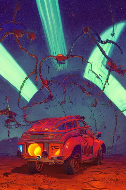 Image similar to planner raezil, art by alex schomburg and syd mead, trending on artstation, bioluminescence rear view in the golden hour, stuckism, 4 k hd wallpaper, fantasy artist, gond painting